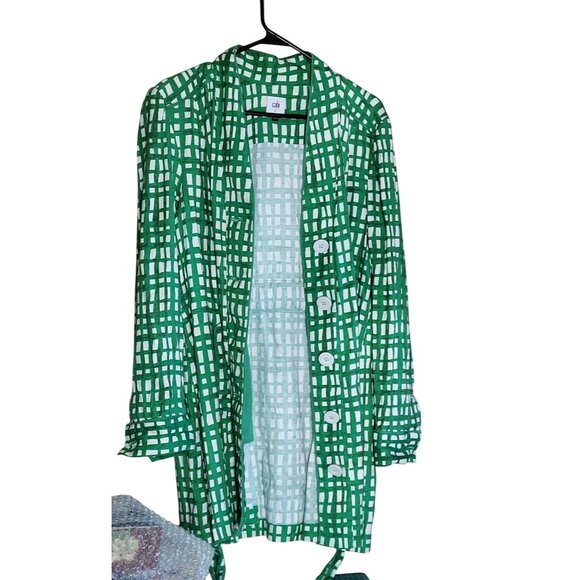 Cabi CIRCUit Green & White Linen Trench Coat Jacket or Dress Size Large - Picture 5 of 12